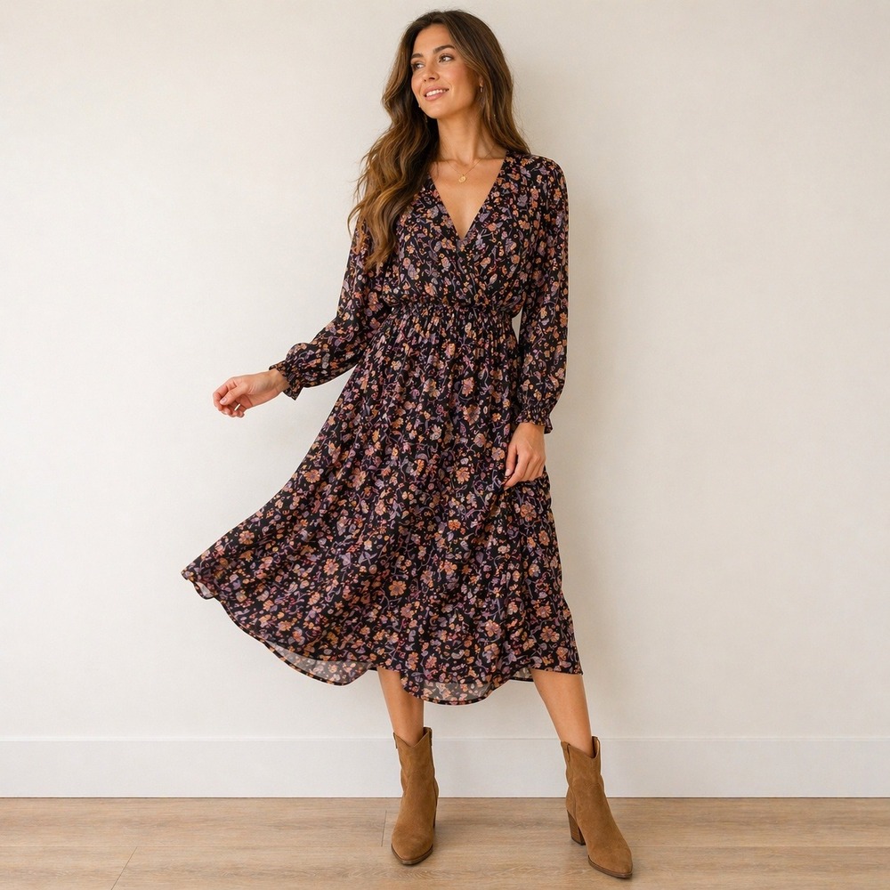 MinkPink Floral Midi Dress Women XS Boho Long Sleeve Tiered‎ V-Neck Cottagecore